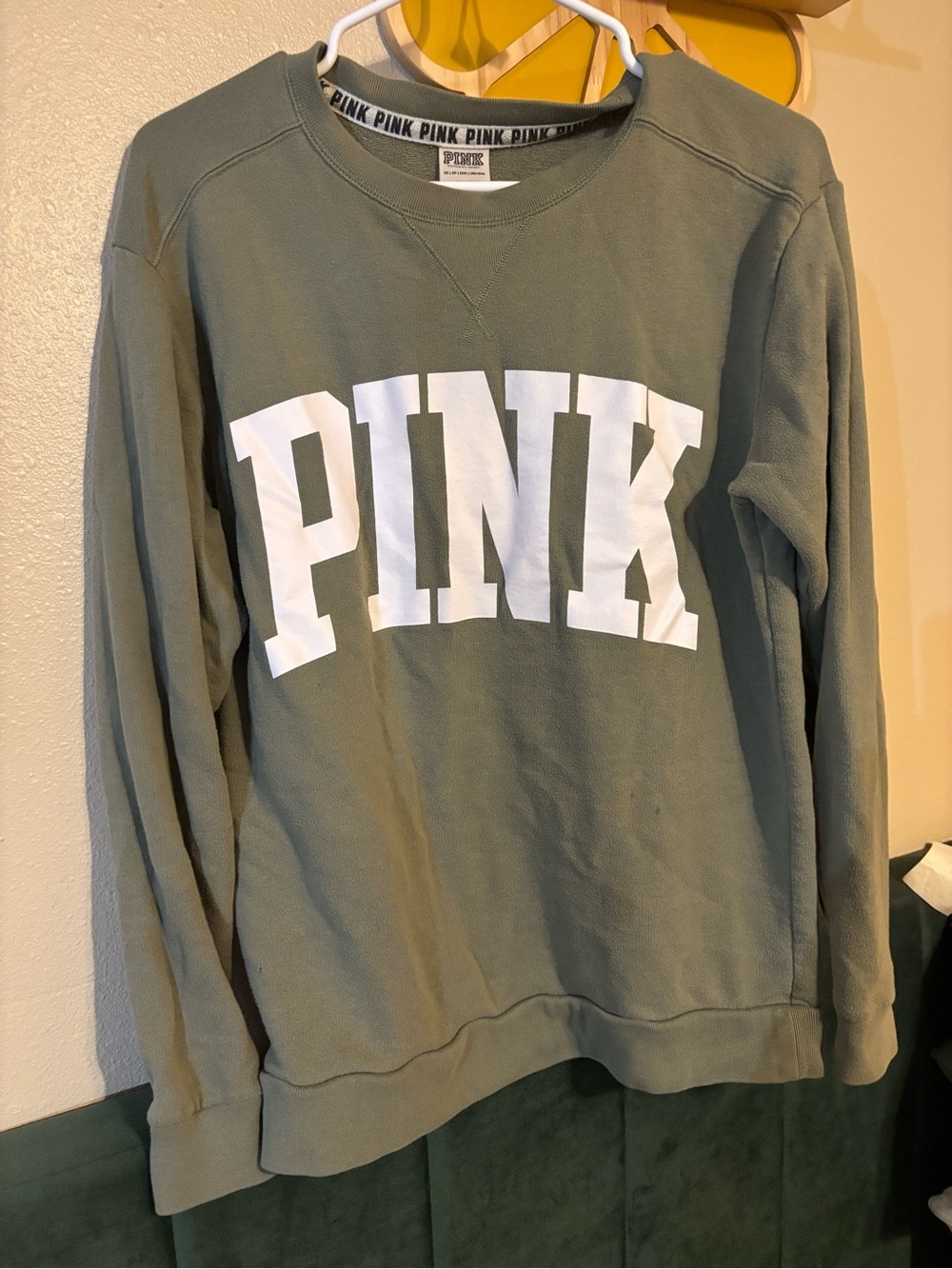 Victoria's Secret PINK Olive Green Crewneck Sweatshirt with White Logo